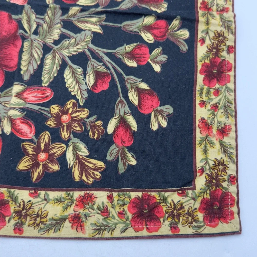 Vintage Cloth Napkins Set of 4 Black Red Floral Botanical Print Cottagecore Boho